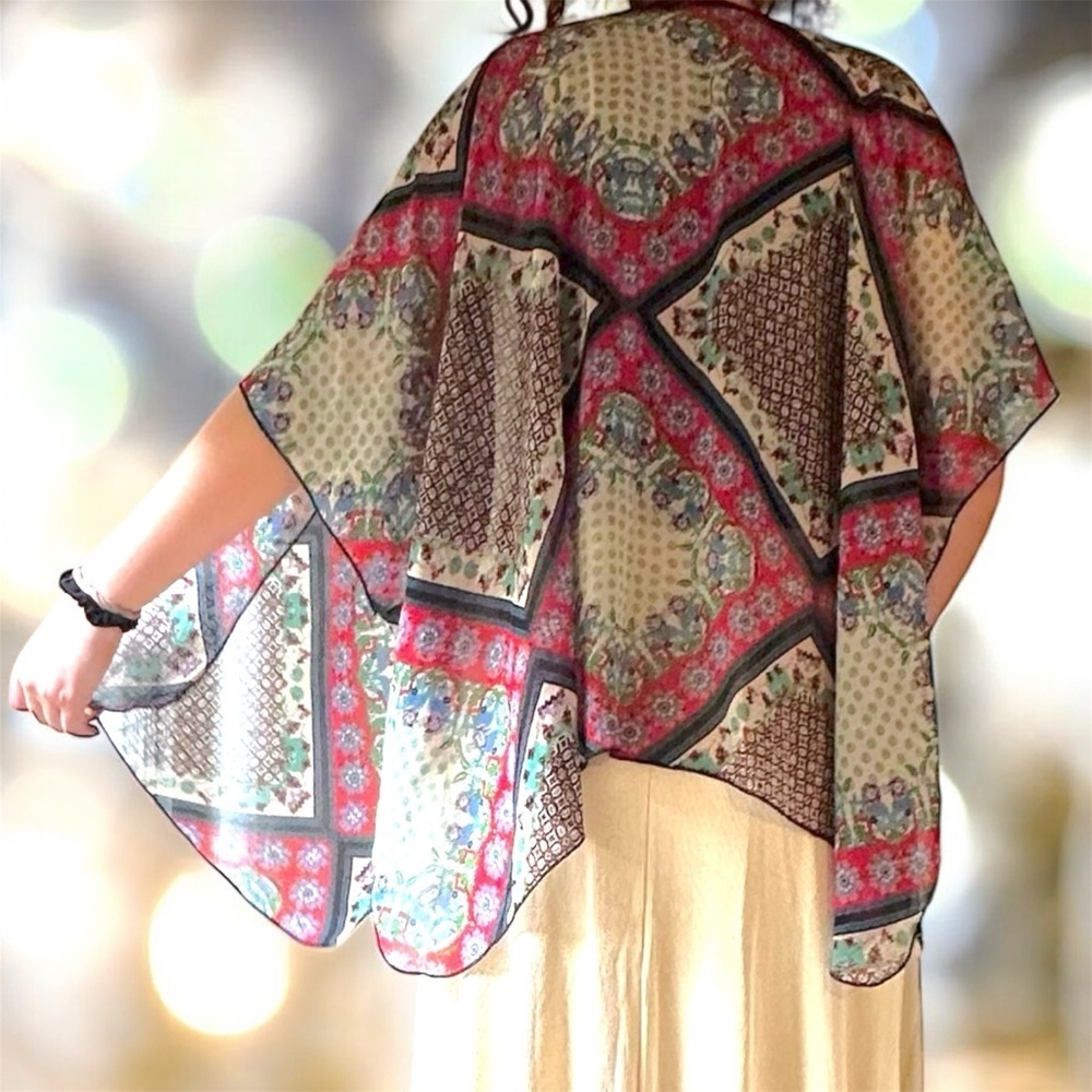 Band of Gypsies Colorful Kimono Patchwork  Geometric 3/4 Sleeve Asymmetric Boho - Picture 2 of 6